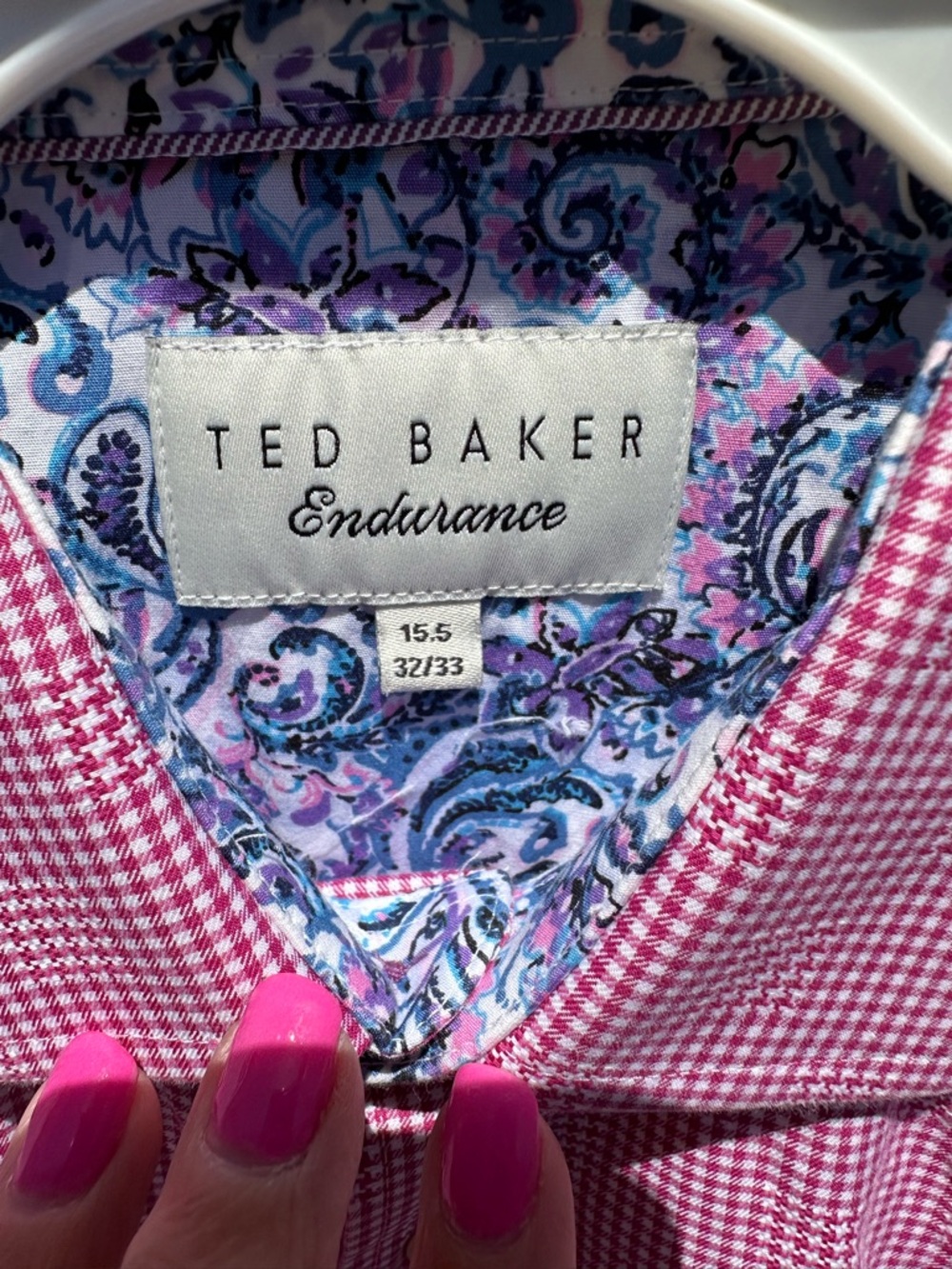 Ted Baker Endurance Pink/Red Gingham Check Floral Collar Cuffs Men’s 15.5 32/33 - Picture 3 of 8